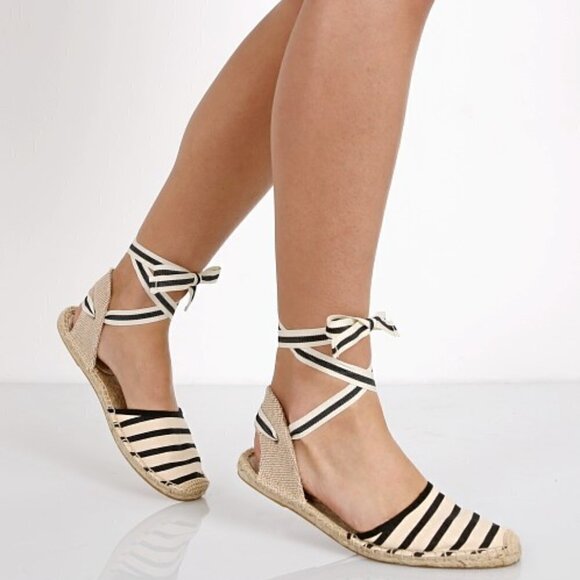 Soludos espadrille flat shoes canvas leg ankle tie cream black stripe 9.5 - Picture 1 of 7